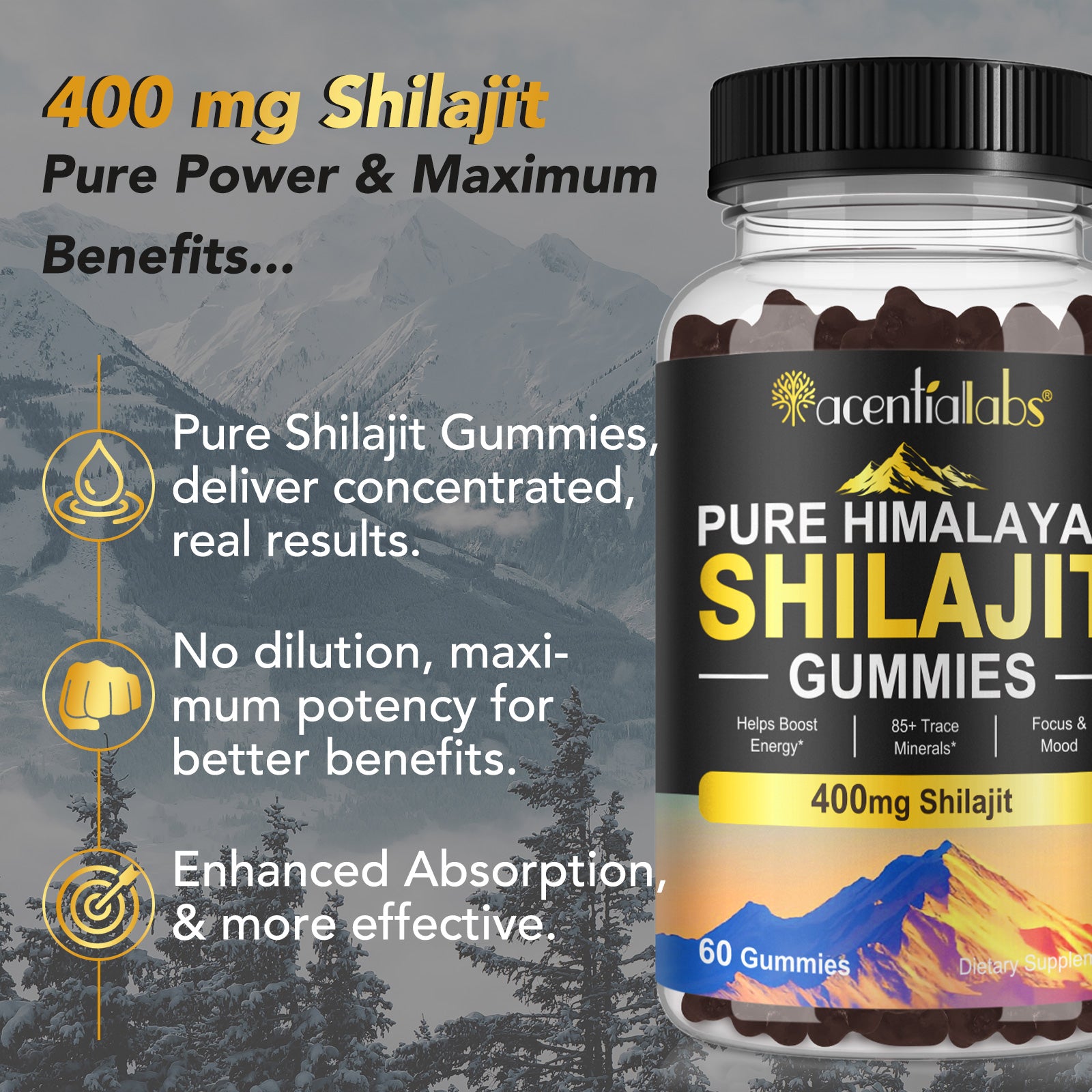 acentiallabs PURE HIMALAYAN SHILAJIT GUMMIES 400mg shilajit 60 Gummies Bottled Gummies
