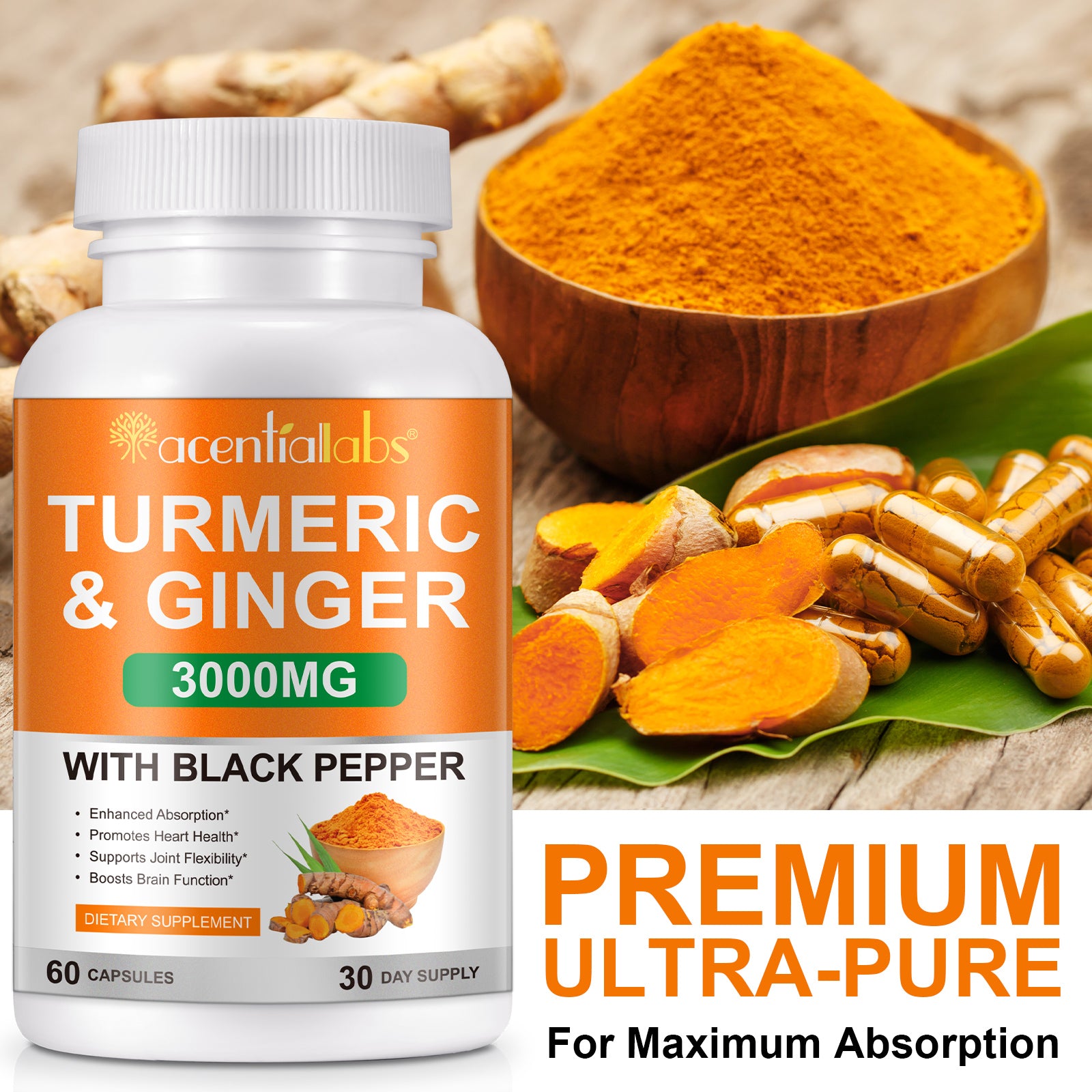 acentiallabs TURMERIC & GINGER 3000MG WITH BLACK PEPPER 60 CAPSULES Bottled Capsules