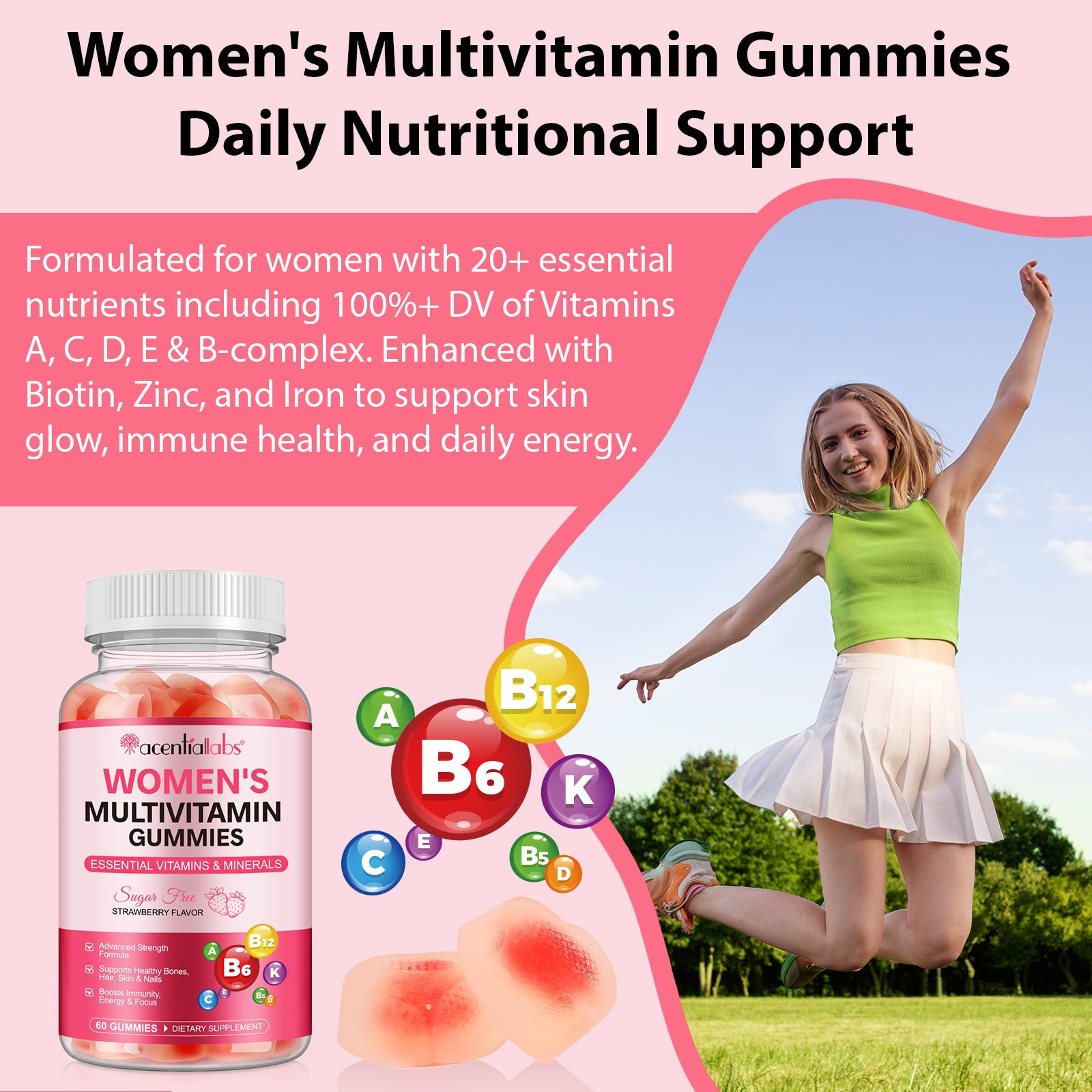 acentiallabs WOMEN'S MULTIVITAMIN GUMMIES ESSENTIAL VITAMINS & MINERALS  STRAWBERRY FLAVOR  60 GUMMIES Bottled Gummies