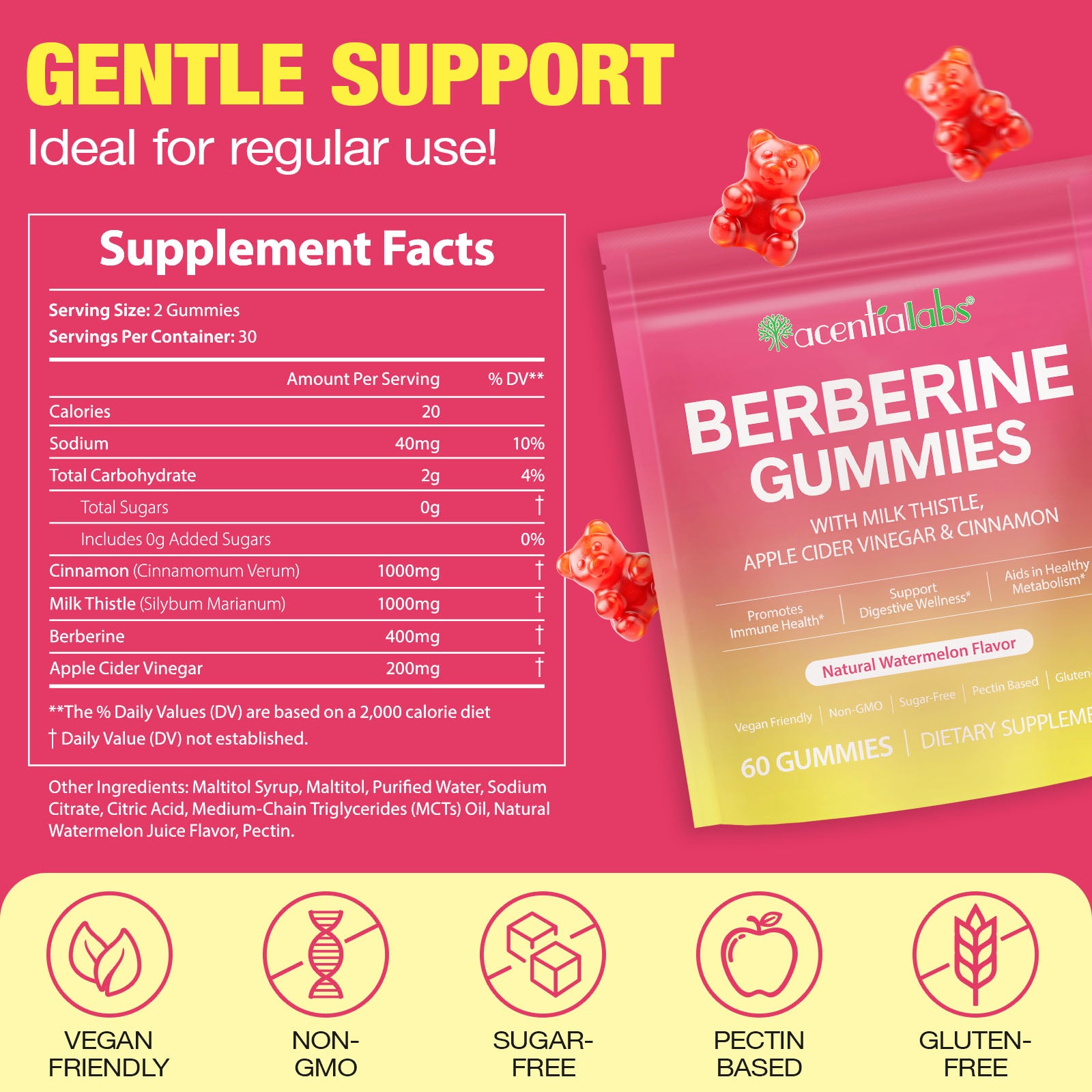 acentiallabs BERBERINE GUMMIES WITH MILK THISTLE,APPLE CIDER VINEGAR & CINNAMON,Natural Watermelon Flavor,60 GUMMIES Bagged Gummies