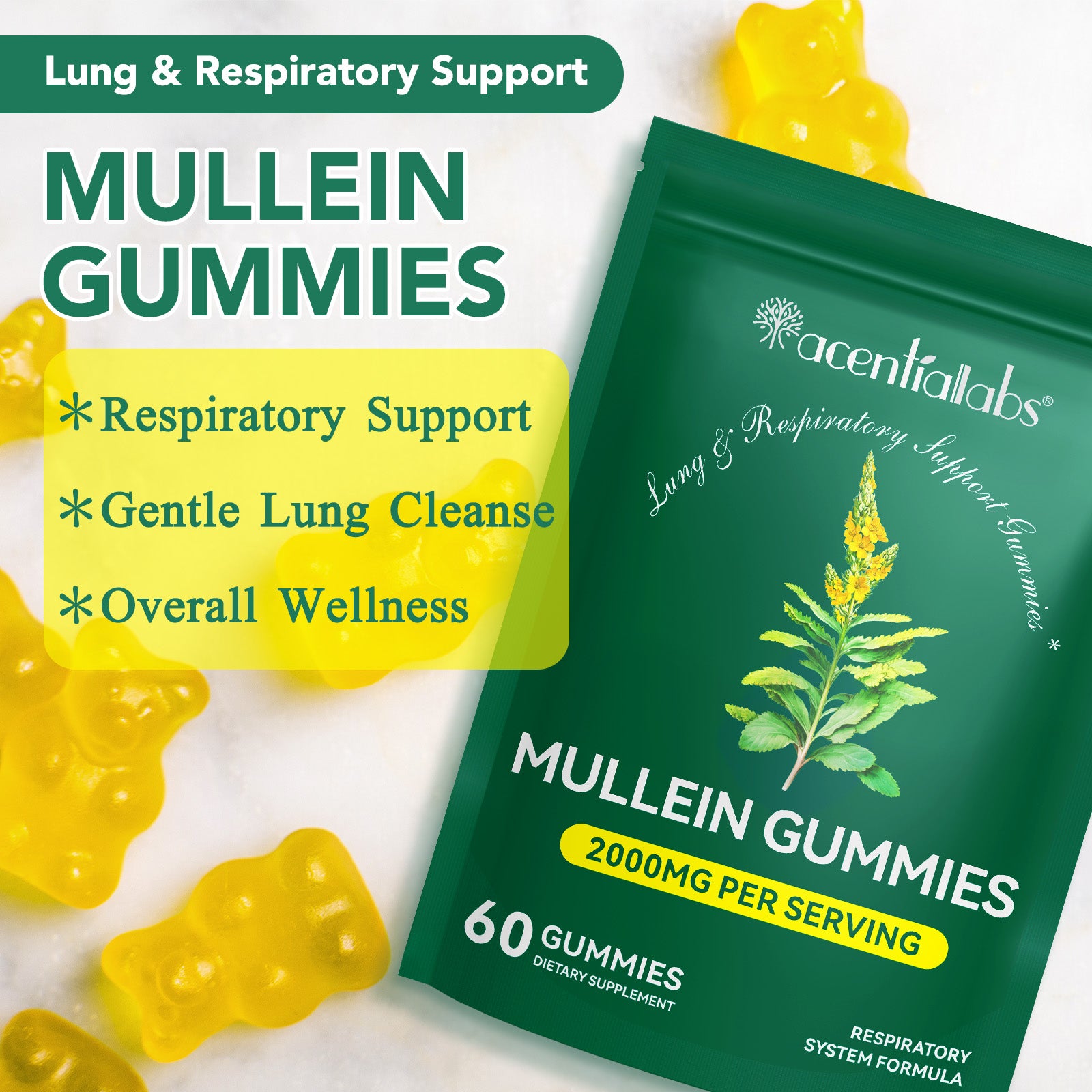 acentiallabs MULLEIN GUMMIES 2000MG PER SERVING 60 GUMMIES Bagged Gummies