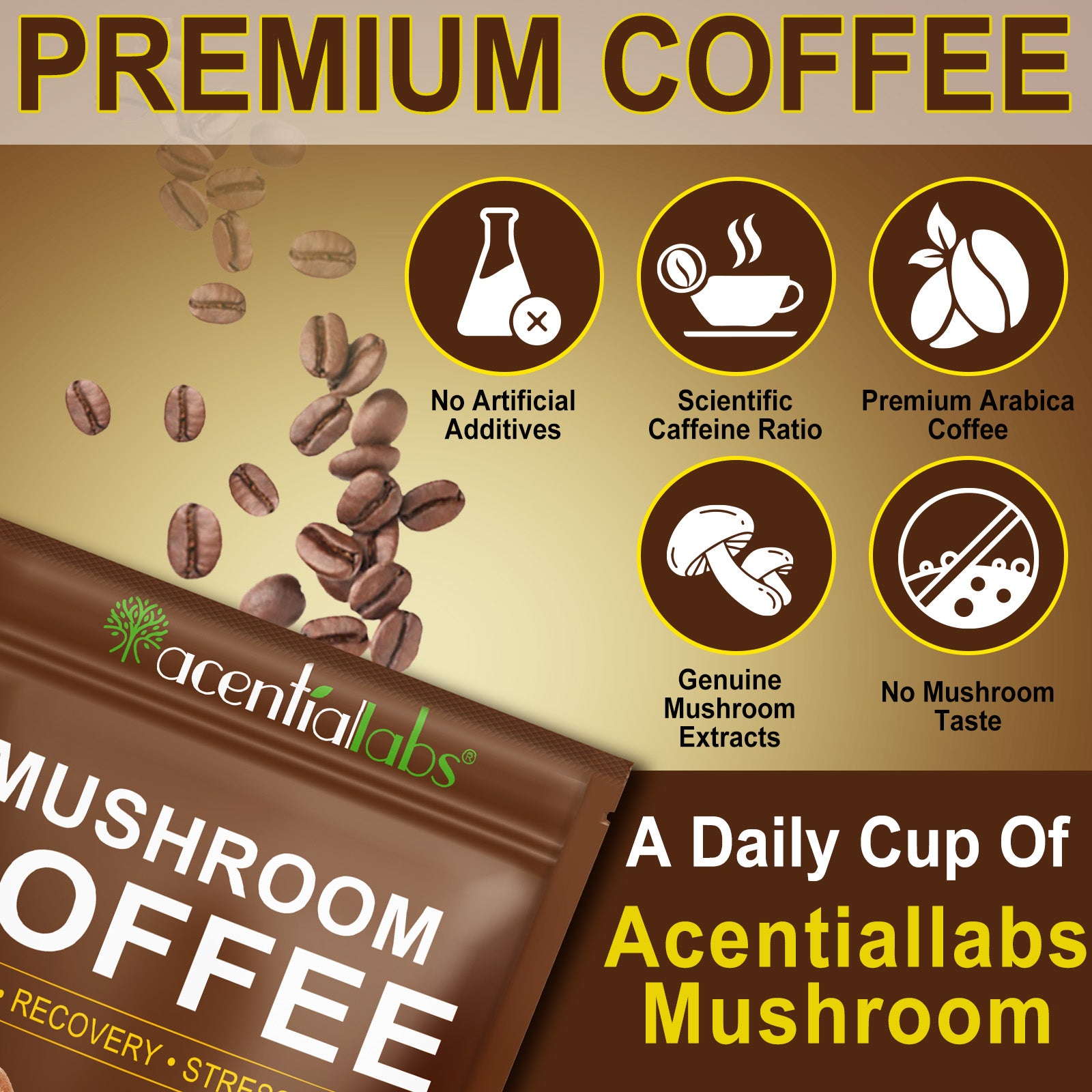 acentiallabs MUSHROOM COFFEE ，ENERGY·RECOVERY ·STRESS RELIEF，10 Superfood Mushrooms，Granules