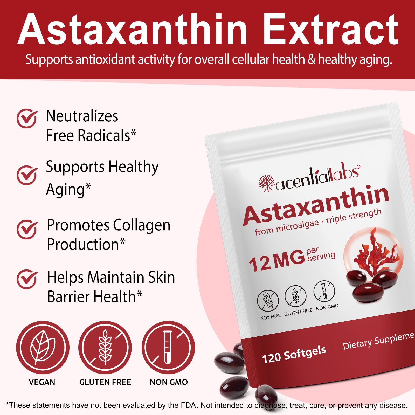 acentiallabs Astaxanthin from microalgae ·triple strength 12MG per serving 120 Softgels Bagged Capsules
