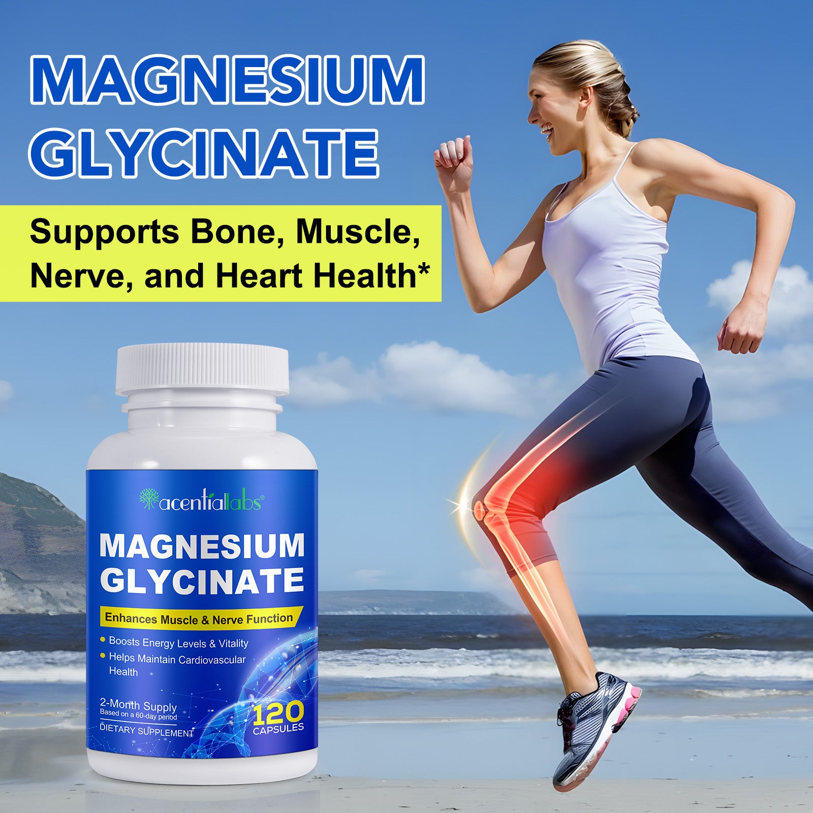 acentiallabs MAGNESIUM GLYCINATE Enhances Muscle & Nerve Function 120 CAPSULES Bottled Capsules