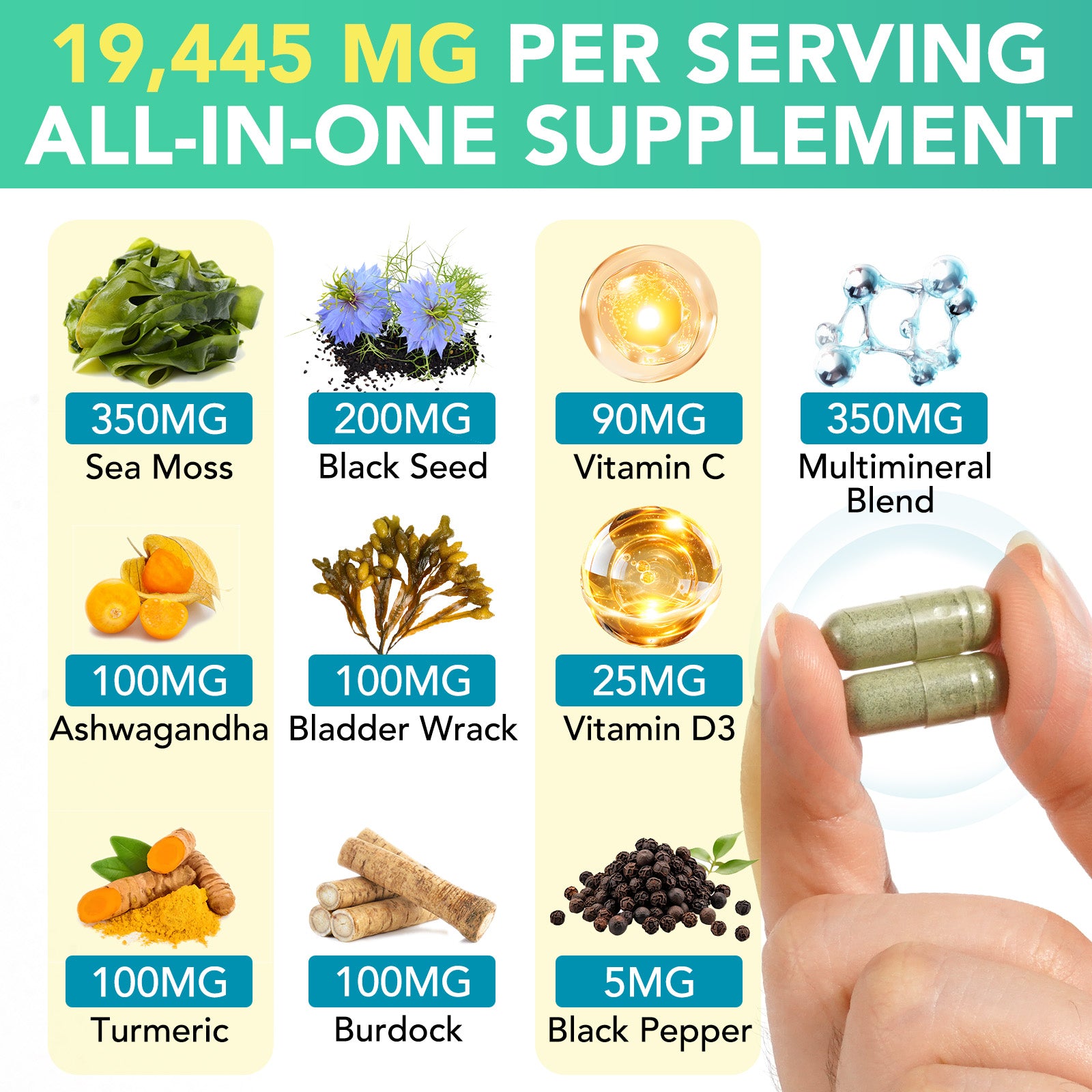 acentiallabs SEA MOSS BLACK SEED OIL WITH ASHWAGANDHA & GINGER 60 CAPSULES Bottled Capsules