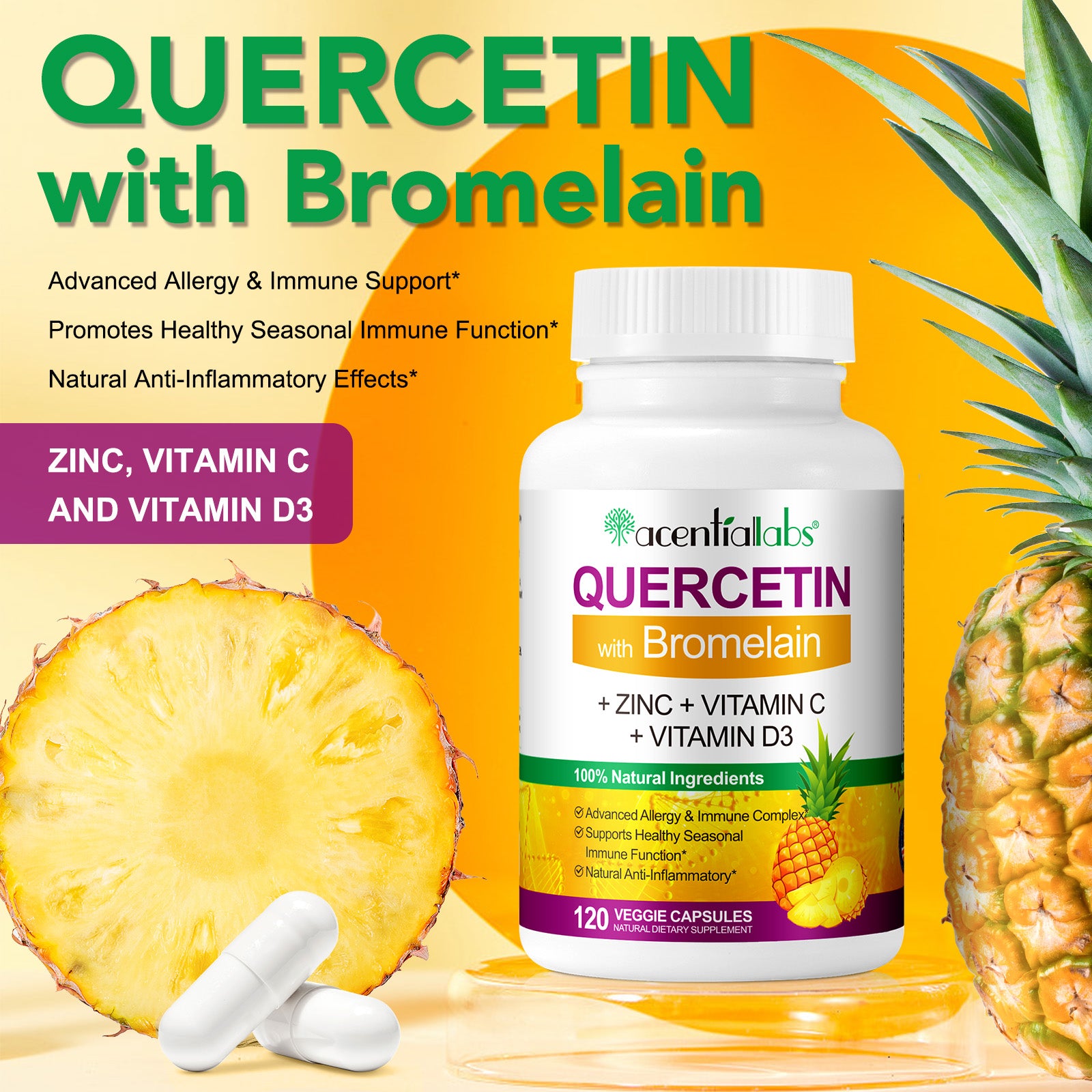 acentiallabs QUERCETIN with Bromelain,+ ZINC + VITAMIN C+ VITAMIN D3,120 VEGGIE CAPSULES Bottled Capsules