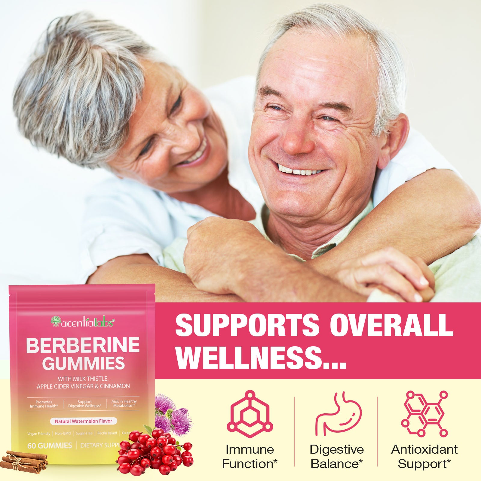 acentiallabs BERBERINE GUMMIES WITH MILK THISTLE,APPLE CIDER VINEGAR & CINNAMON,Natural Watermelon Flavor,60 GUMMIES Bagged Gummies