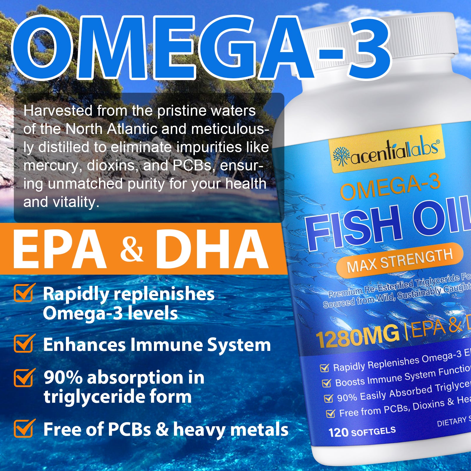 acentiallabs OMEGA-3 FISH OIL MAX STRENGTH 1280MG TEPA & DHA 120 SOFTGELS Bottled Capsules