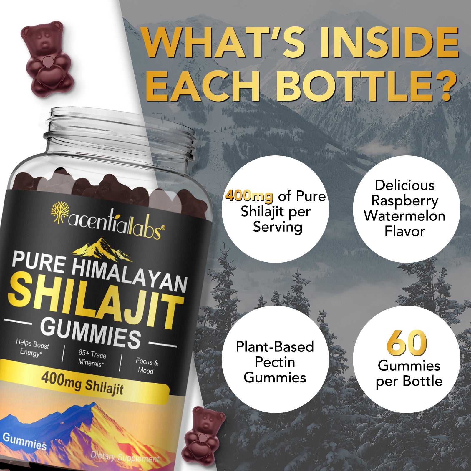 acentiallabs PURE HIMALAYAN SHILAJIT GUMMIES 400mg shilajit 60 Gummies Bottled Gummies