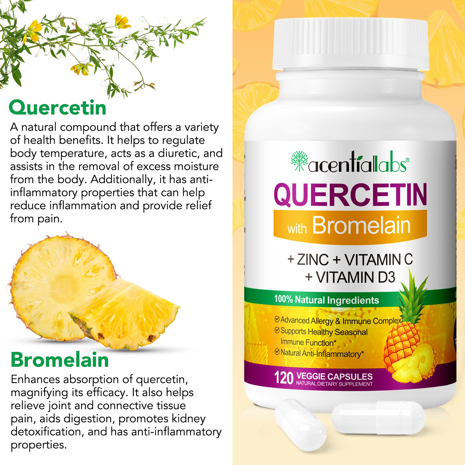 acentiallabs QUERCETIN with Bromelain,+ ZINC + VITAMIN C+ VITAMIN D3,120 VEGGIE CAPSULES Bottled Capsules
