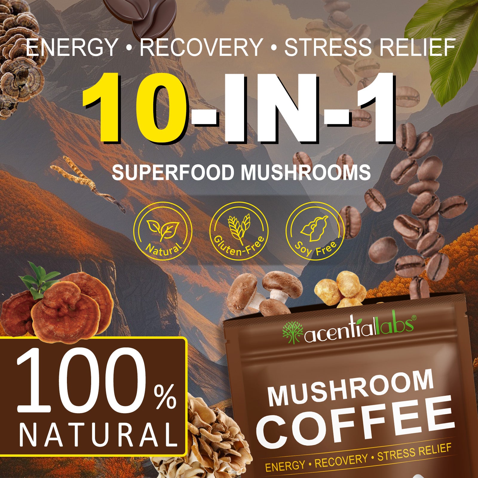 acentiallabs MUSHROOM COFFEE ，ENERGY·RECOVERY ·STRESS RELIEF，10 Superfood Mushrooms，Granules
