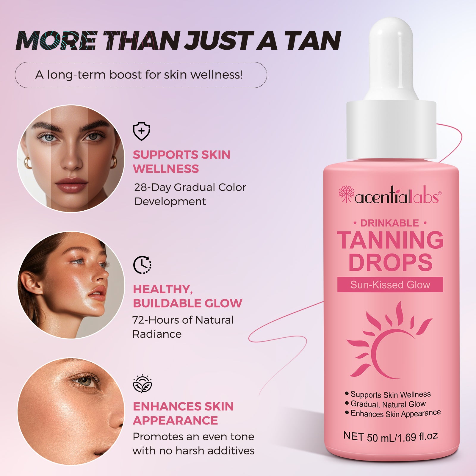 acentiallabs DRINKABLE TANNING DROPS Sun-Kissed Glow Watermelon Flavour 50ml Liquid Drops