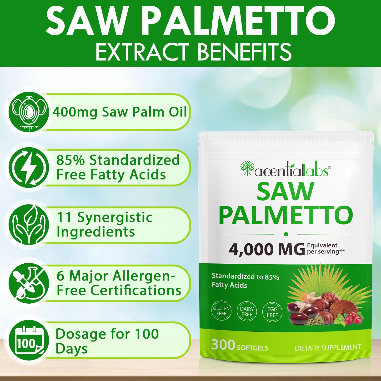 acentiallabs SAW PALMETTO 4000 MG Equivalent per serving 300 SOFTGELS Bagged Capsules