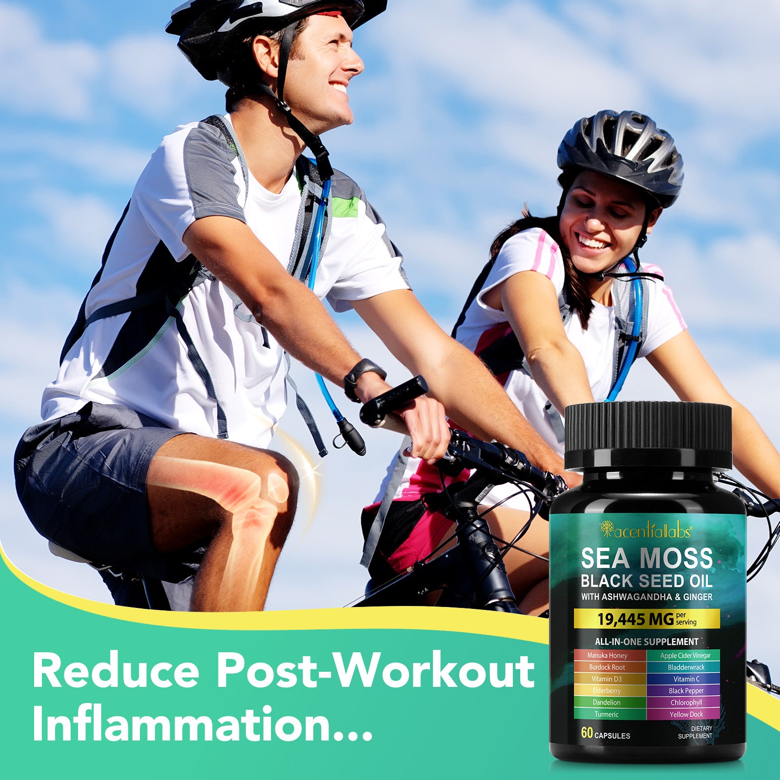 acentiallabs SEA MOSS BLACK SEED OIL WITH ASHWAGANDHA & GINGER 60 CAPSULES Bottled Capsules