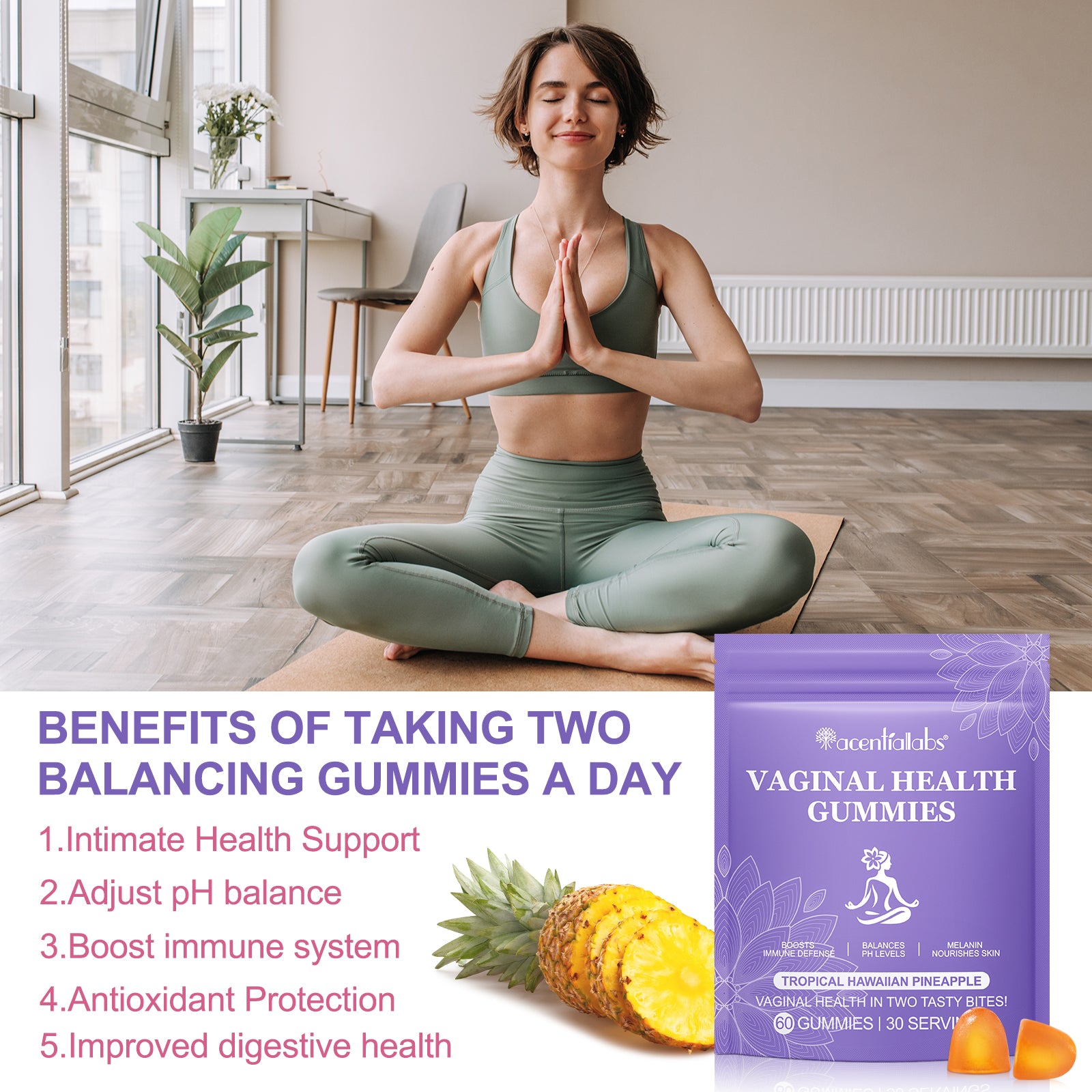 acentiallabs VAGINAL HEALTH GUMMIES TROPICAL HAWAIIAN PINEAPPLE 60 GUMMIES Bagged Gummies