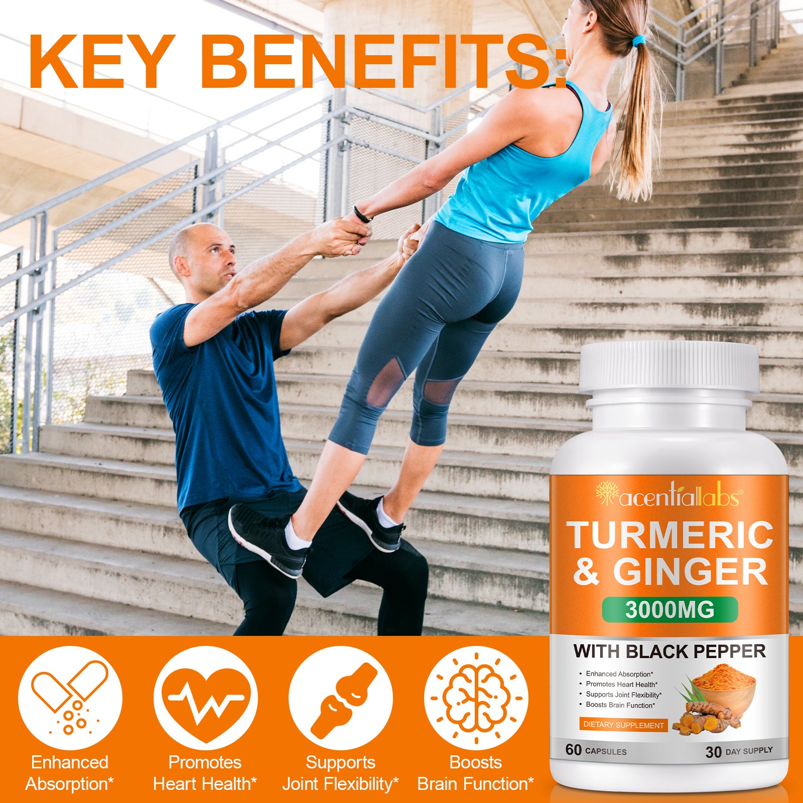acentiallabs TURMERIC & GINGER 3000MG WITH BLACK PEPPER 60 CAPSULES Bottled Capsules