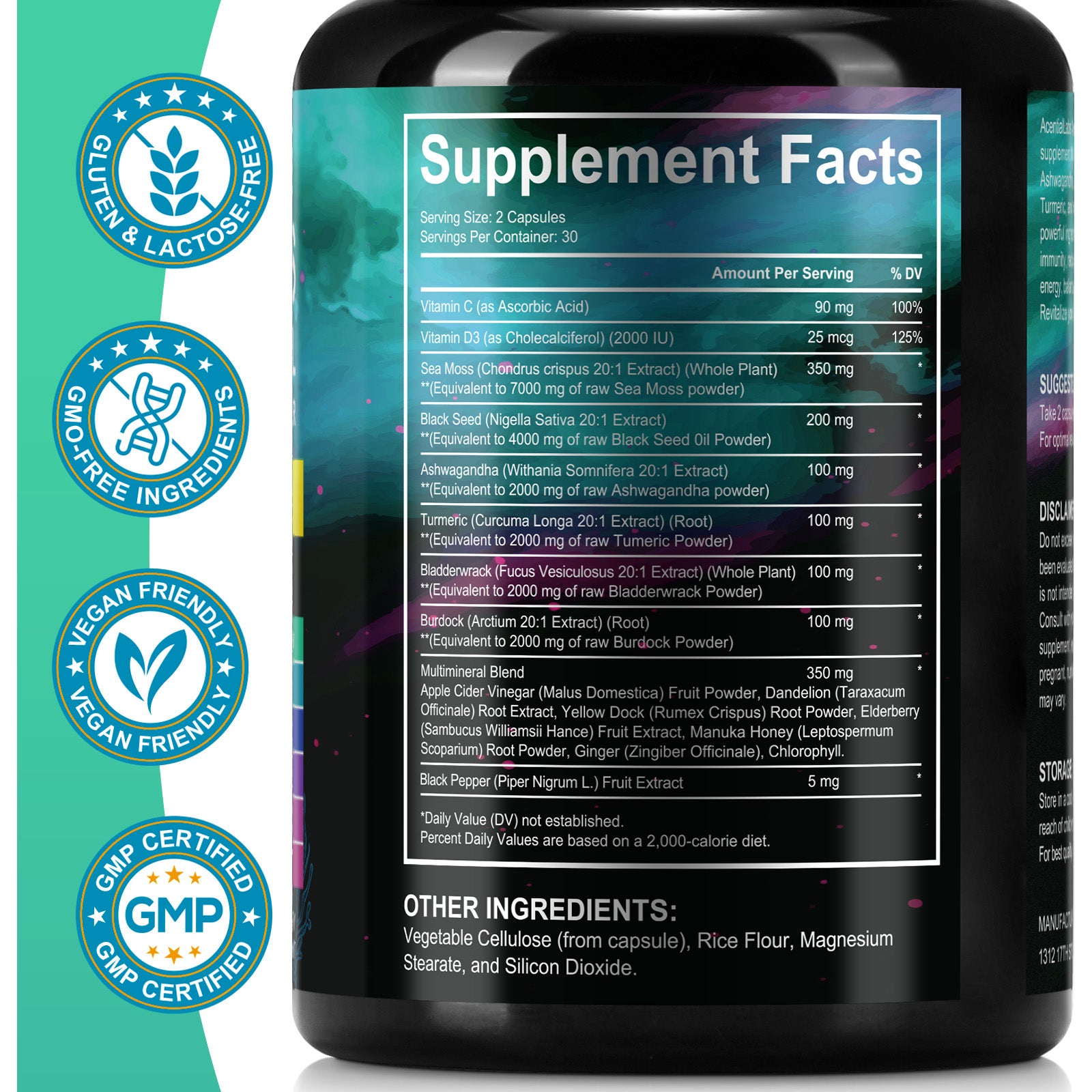 acentiallabs SEA MOSS BLACK SEED OIL WITH ASHWAGANDHA & GINGER 60 CAPSULES Bottled Capsules