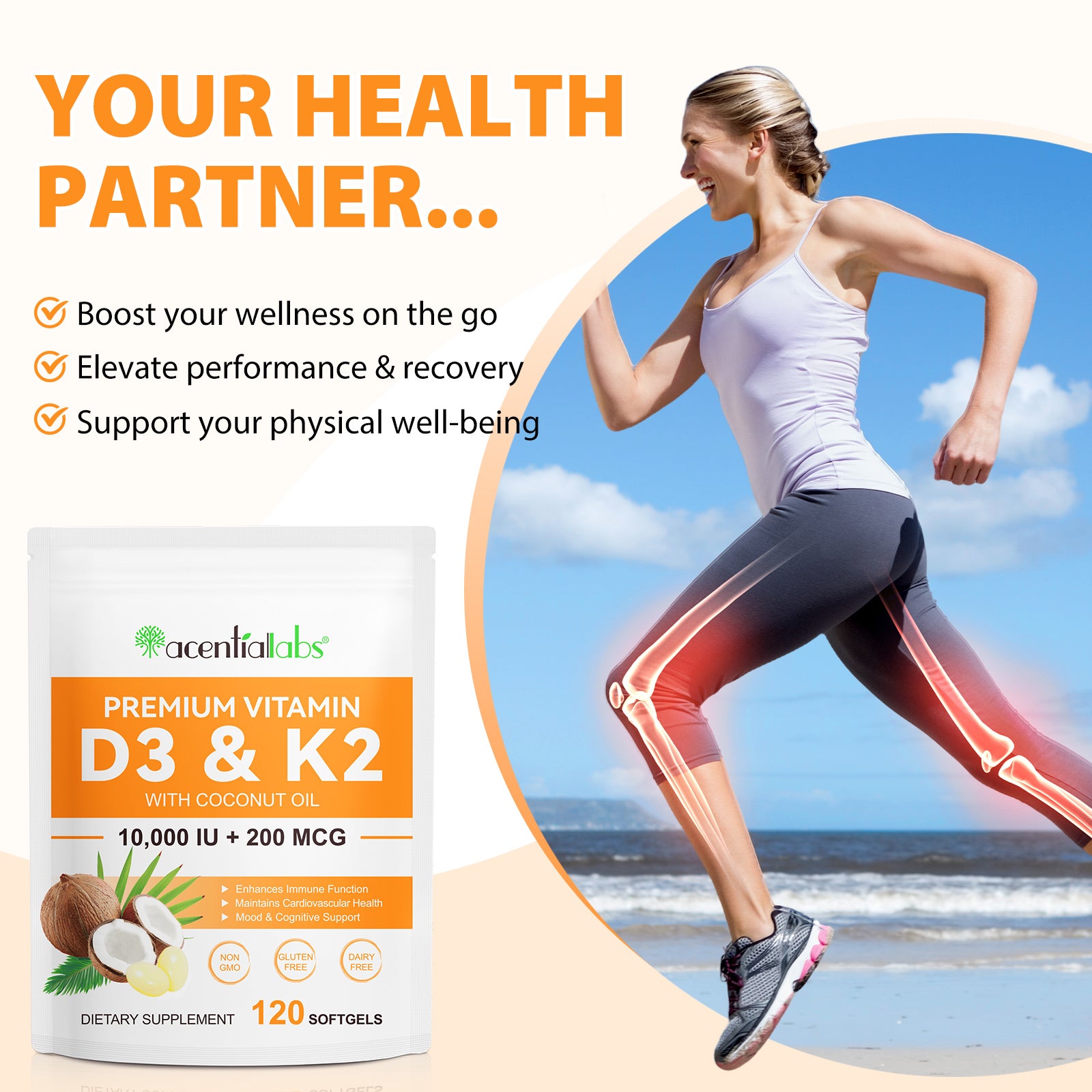 acentiallabs PREMIUM VITAMIN D3 & K2 WITH COCONUT OIL Bagged Capsules