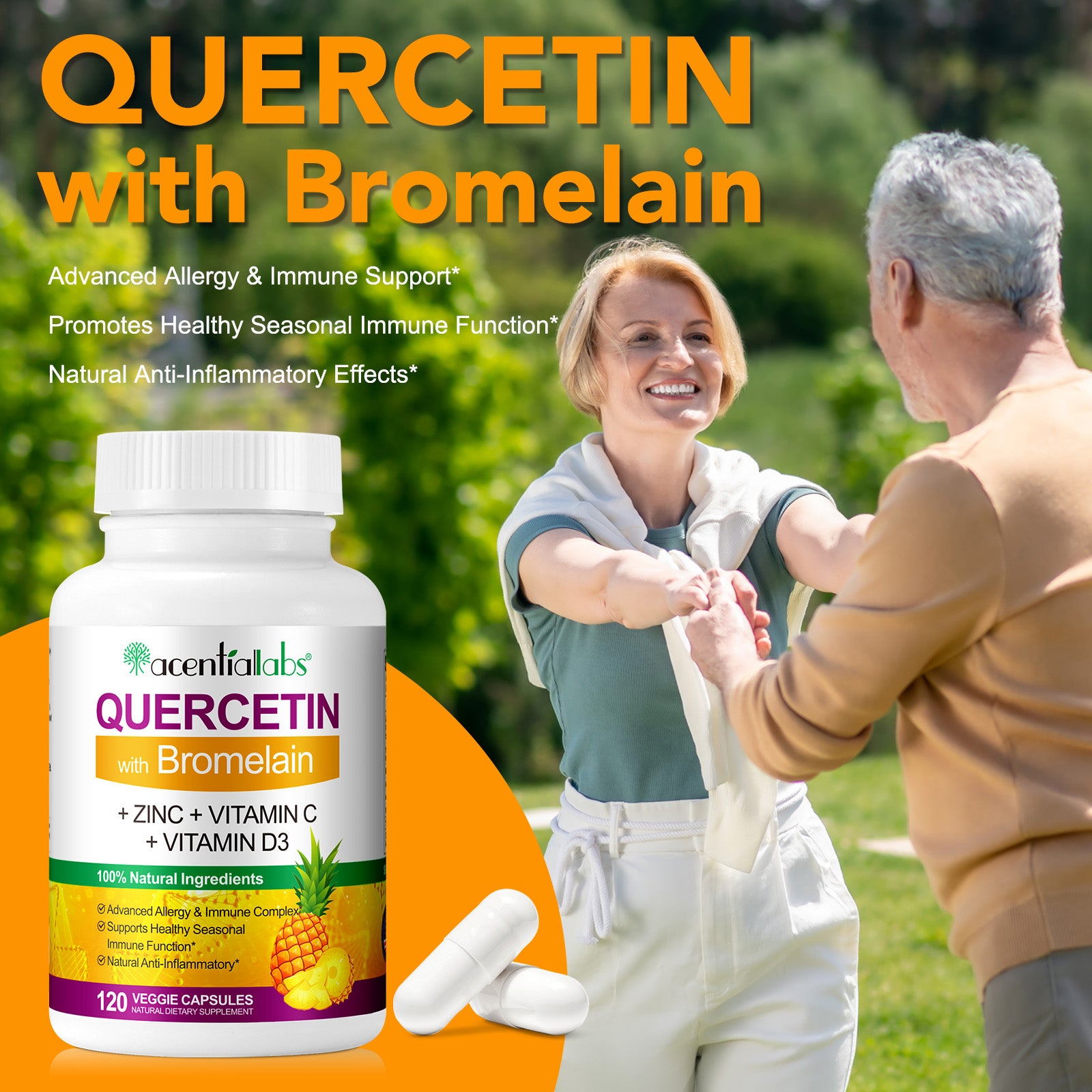 acentiallabs QUERCETIN with Bromelain,+ ZINC + VITAMIN C+ VITAMIN D3,120 VEGGIE CAPSULES Bottled Capsules
