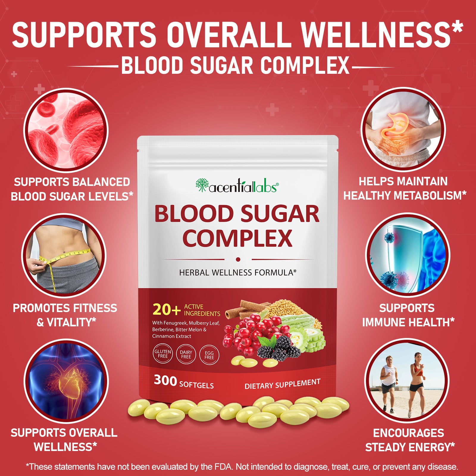 acentiallabs BLOOD SUGAR COMPLEX HERBAL WELLNESS FORMULA 300 SOFTGELS Bagged Capsules