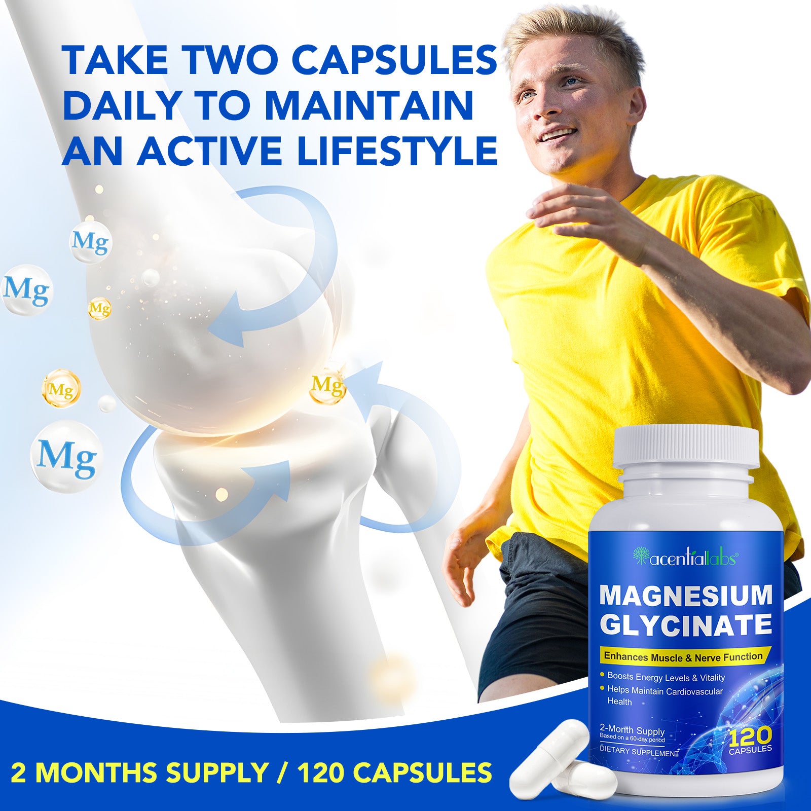 acentiallabs MAGNESIUM GLYCINATE Enhances Muscle & Nerve Function 120 CAPSULES Bottled Capsules