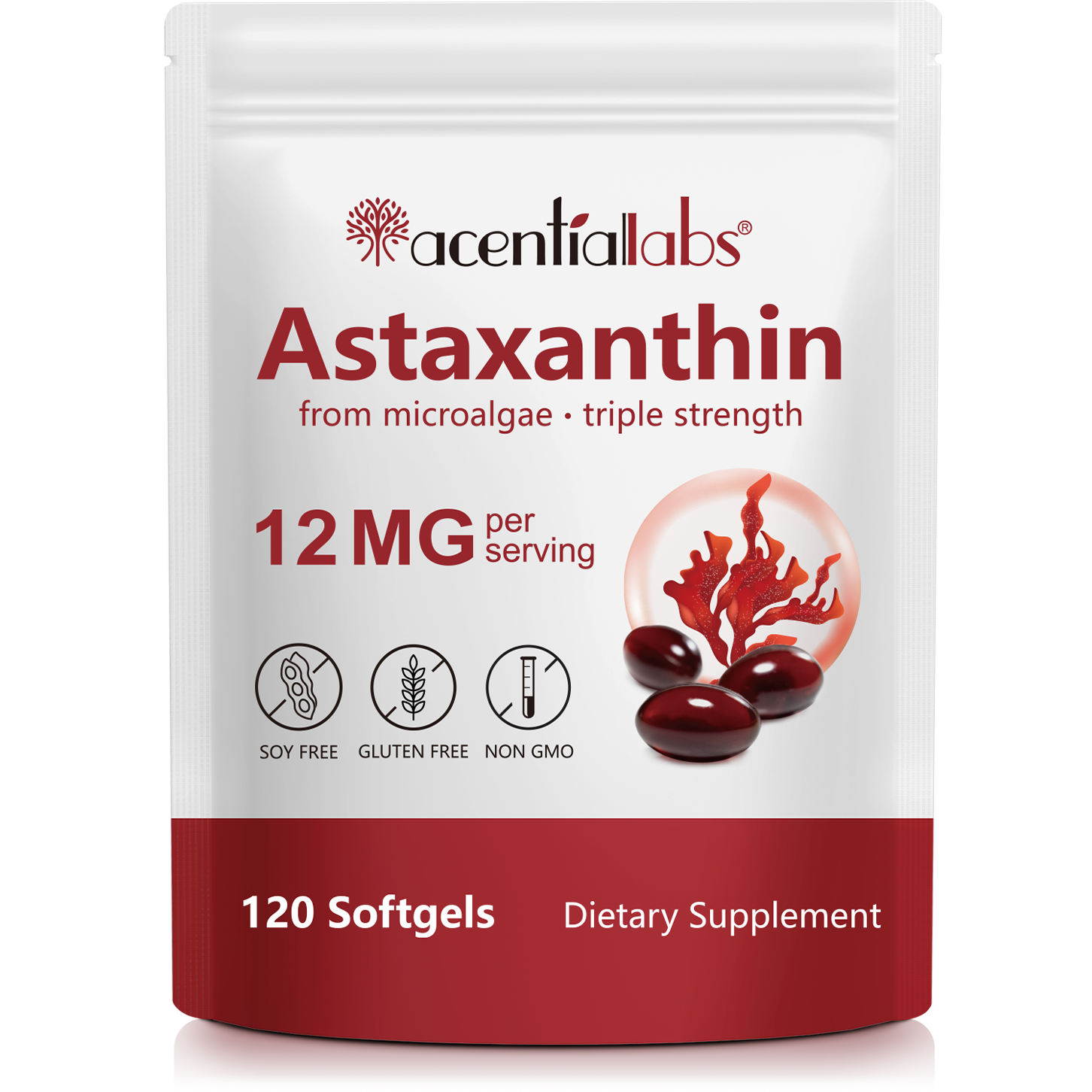 acentiallabs Astaxanthin from microalgae ·triple strength 12MG per serving 120 Softgels Bagged Capsules