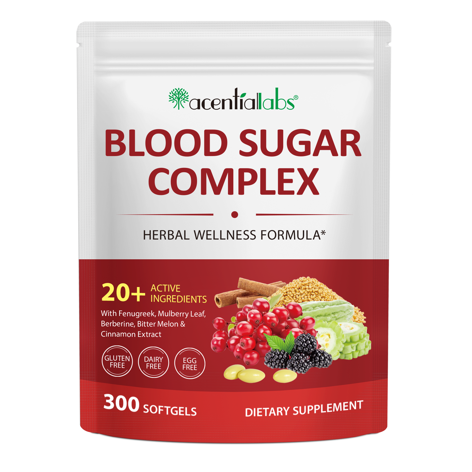 acentiallabs BLOOD SUGAR COMPLEX HERBAL WELLNESS FORMULA 300 SOFTGELS Bagged Capsules
